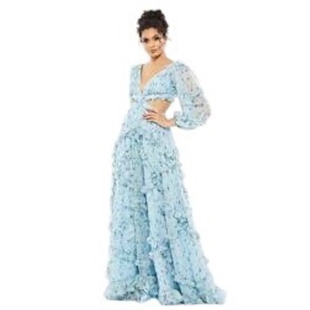Mac Duggal 70249 Floral Cutout Ruffle Maxi Gown Blue Size 0